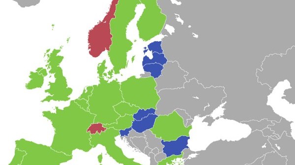Państwa ESA i UE (zielony kolor), tylko ESA (brązowy) i UE (tylko niebieski) / Credits - wikimedia commons