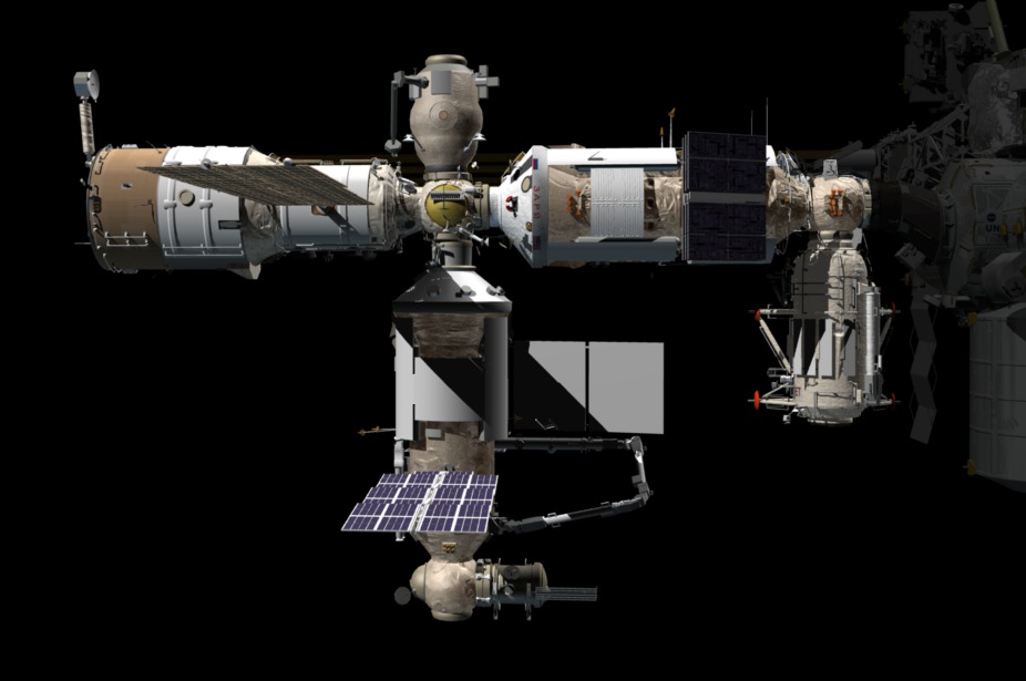 Grafika rosyjskiej części ISS z dołączonym modułem Nauka. W poziomym ciągu od lewej moduły Zwiezda i Zarja, po prawej Rasswiet, u góry Poisk, z dołu Nauka. Moduł Pirs, który obecnie znajduje się na przyszłym miejscu Nauki, będzie zacumowany do jej dołu / Źródło: NASA