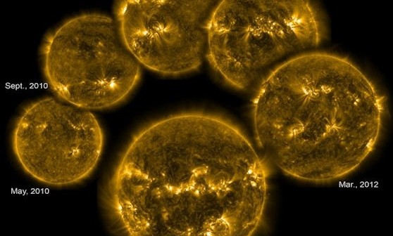 Aktywność słoneczna - zmiany w poziomie promieniowania EUV pomiędzy 2010 a 2012 rokiem / Credits - NASA, SDO
