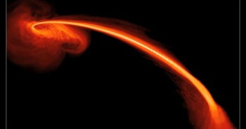 Grafika ukazująca materię wyrzucaną w przestrzeń podczas rozrywania gwiazdy przez czarną dziurę / Credits: NASA/JPL-Caltech/JHU/UCSC