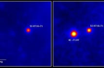 Porównanie obrazów z instrumentu LAT teleskopu Fermi, sporządzonych w okresie poprzedzającym rozbłysk (po lewej) oraz w czasie 10 tygodni występowania rozbłysku (po prawej). Na zdjęciach widoczny jest także bardziej aktywny w ostatnim czasie blazar S5 0716+71 / Credits: NASA/DOE/Fermi LAT Collaboration