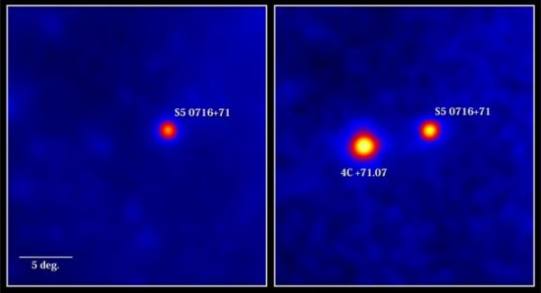 Porównanie obrazów z instrumentu LAT teleskopu Fermi, sporządzonych w okresie poprzedzającym rozbłysk (po lewej) oraz w czasie 10 tygodni występowania rozbłysku (po prawej). Na zdjęciach widoczny jest także bardziej aktywny w ostatnim czasie blazar S5 0716+71 / Credits: NASA/DOE/Fermi LAT Collaboration