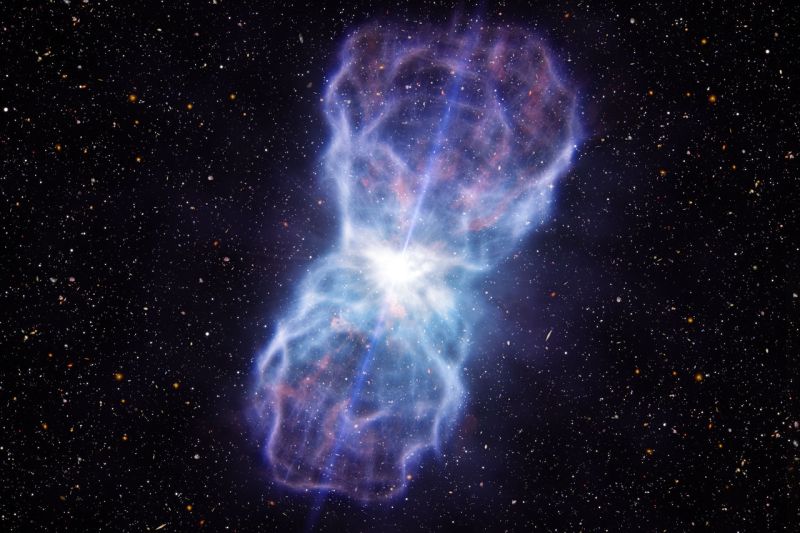 Wizja artystycznego rekordowego rozbłysku z kwazara SDSS J1106+1939 / Credits: ESO