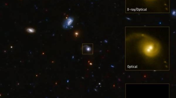 Układ CID-42 zlokalizowany jest 4 miliardy lat świetlnych od Ziemi / Credits: X-ray: NASA/CXC/SAO/F.Civano et al; Optical: NASA/STScI; Optical (wide field): CFHT, NASA/STScI