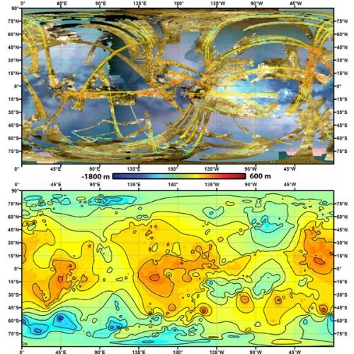 Przy użyciu metod numerycznych, (funkcji sklejana, splajnu),  naukowcy zdołali utworzyć topograficzną mapę Tytana z niepełnych, radarowych danych sondy Cassini (złote pasy na obrazku wyżej). Credit:  NASA/JPL-Caltech/ASI/JHUAPL/Cornell/Weizmann