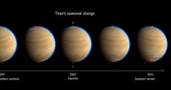 Sezonowe zmiany na Tytanie. Warto zwrócić uwagę na zmieniające się zachmurzenie na obu półkulach. (Credit: ESA)