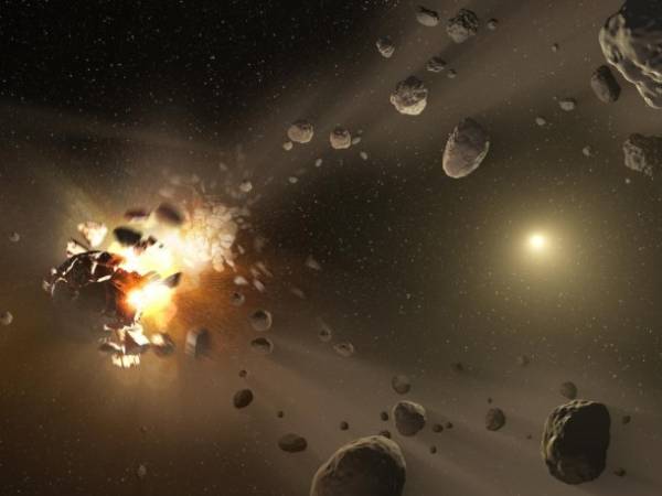Wizja artystyczna przedstawiająca proces powstania rodziny asteroid / Credits: NASA/JPL-Caltech