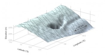 Krater CSGL, powstały po wypływie wody - grafika z danych Cryosat-2 / Credits - ESA, M. McMillan