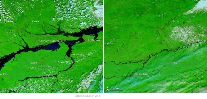 Zdjęcia okolic Chabrowska przed i w trakcie powodzi, wykonane instrumentem MODIS satelity Terra / Credits: NASA