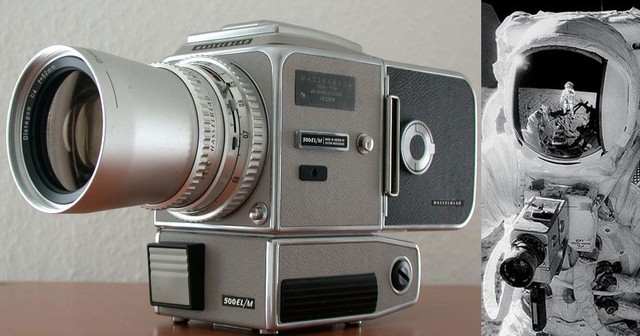 Kamera Hasselblad 500EL i jej montowanie na skafandrze w trakcie misji Apollo / Credits: Gizmodo