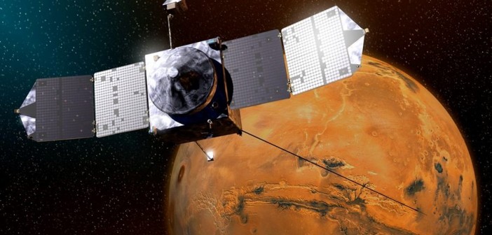 Sonda MAVEN na orbicie Marsa - wizualizacja / Credits: NASA-GSFC