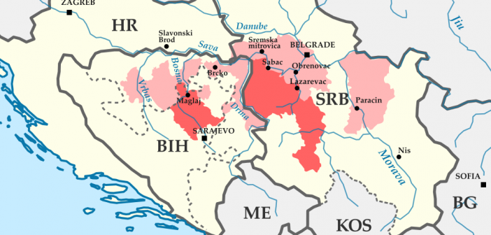 Mapa zasięgu powodzi na Bałkanach, stan na 16 maja 2014 roku / Credits: ArnoldPlaton, License: CC-BY-SA 3.0