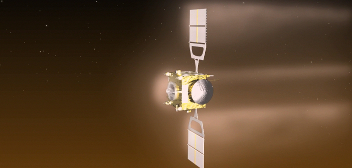 Wizualizacja hamowania atmosferycznego Venus Express zaplanowanego na przełom czerwca i lipca 2014. Zmniejszy ona wysokość orbity z 200 na 130 kilometrów / Credits: ESA/C. Carreau
