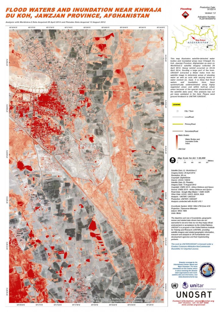 Mapa wykonana przez UNITAR-UNOSAT na podstawie zdjęć z satelitów WorldView-2 (29 kwietnia 2014) i Pleiades (13 sierpnia 2012) przedstawiająca zalegającą wodę powodziową (ciemnoczerwony) i tereny podmokłe (bladoczerwony) w sąsiedztwie miasteczka Khwaja du Koh w afgańskiej prowincji Dżozdżan.