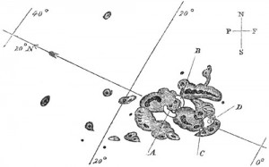 Szkic grupy plam słonecznych, które w 1859 roku wywołały "flarę Carringtona" / Credits -  American Scientist 