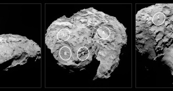 Pięć miejsc-kandydatów do lądowania Philae / Credit: ESA/Rosetta/MPS for OSIRIS Team MPS/UPD/LAM/IAA/SSO/INTA/UPM/DASP/IDA