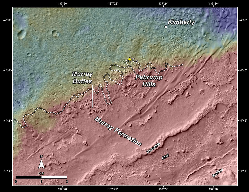 Mapa granicy pomiędzy wnętrzem krateru Gale a podnóżem Mt Sharp / Credits - NASA/JPL-Caltech/Univ. of Arizona