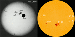 Porównanie wielkości największej kiedykolwiek plamy z 1947 roku z grupą 2192 z 2014 roku / Credits - NASA, SOHO, domena publiczna