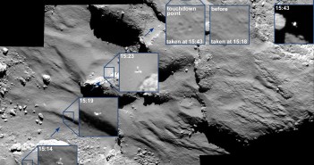Opadający Philae na tle powierzchni komety 67P/Czuriumow-Gierasimienko