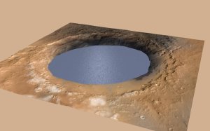 Możliwy zasięg jeziora we wnętrzu krateru Gale w czasach, gdy Mt Sharp jeszcze nie istniało / Credits - NASA/JPL-Caltech/ESA/DLR/FU Berlin/MSSS
