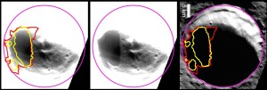 Wnętrze krateru Berlioz okiem instrumentu MDIS. Ciemny obszar (związki organiczne), zaznaczony na żółto, skrywa lód wodny / Credits - NASA/Johns Hopkins University Applied Physics Laboratory/Carnegie Institution of Washington