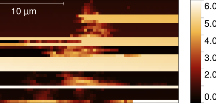 Obraz pierwszej drobiny kometarnej zarejestrowanej przez MIDAS-a. Zbliżenie fragmentu skanu tarczy instrumentu MIDAS sondy Rosetta po ekspozycji w dniach 9-14 listopada 2014