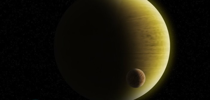 Potencjalny wygląd HD 145934 b - gazowy gigant z dwoma dużymi księżycami, z których jeden jest w całości pokryty oceanem / Credits - K. Kanawka, kosmonauta.net