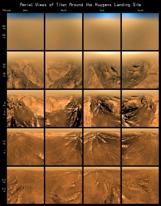 Ujęcia z lądownika w różnych momentach opadania na powierzchnię Tytana / Credits: ESA 