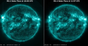 Przykłady rozbłysków z 21 kwietnia: z nowej grupy przy wschodninm brzegu Słońca (lewe zdjęcie) oraz z grupy 2322 (prawe zdjęcie) / Credits- NASA, SDO, Solarham.net