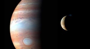 Zdjęcie Jowisza oraz jego księżyca Io wykonane podczas przelotu w pobliżu przez sondę New Horizons w 2007 roku (w drodze do planety karłowatej Pluton) / Źródło: NASA/Johns Hopkins University Applied Physics Laboratory/Southwest Research Institute/Goddard Space Flight Center