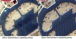 Porównanie zdjęć satelitarnych o rozdzielczości 50 cm (z lewej, z WorldView-2) i 30 cm (z prawej, z WorldView-3) / Credit: DigitalGlobe, CNW Group/PhotoSat Information Ltd.