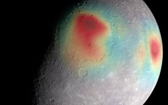 Zdjęcie: Obszary o gęstszej materii podpowierzchniowej na Merkurym. Źródło: NASA, GSFC's SVS, JHU's APL, Carnegie Inst. Washington