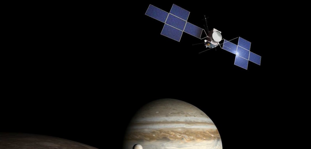 Sonda JUICE przy księżycach Jowisza - wizualizacja / Credit: Airbus Defence & Space