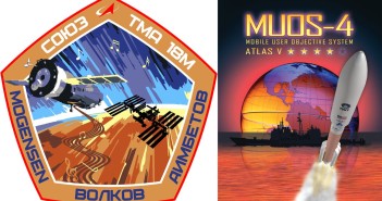 Emblematy misji Sojuz TMA-18M i MUOS-4 / Credits - Roskosmos, ULA - US Navy