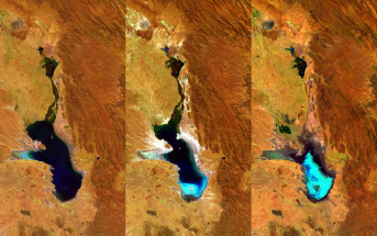 Proba-V i jezioro Poopo. Od lewej, zdjęcie z 2014, 2015 i 2016 roku / Credit: ESA/Belspo – produced by VITO