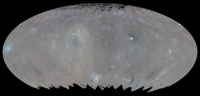 Ogólna mapa Ceres (zakres szerszy od wizualnego), ukazująca niejednorość w składzie powierzchniowym / Credits - NASA/JPL-Caltech/UCLA/MPS/DLR/IDA