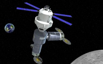 Wizja artystyczna habitatu wokółksiężycowego Orbital ATK ze statkiem Orion agencji NASA w 2021 roku / Źródło: Orbital ATK