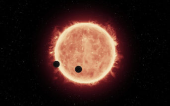Planety TRAPPIST-1b oraz TRAPPIST-1c, tranzytujące przed czerwonym karłem układu (NASA/ESA/STScI/J. de Wit - MIT)