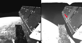 Zdjęcie przedstawia panel słoneczny satelity Sentinel-1A przed i po kolizji / Źródło: ESA