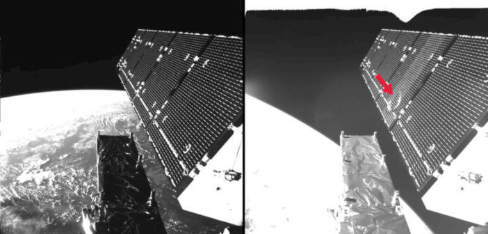 Zdjęcie przedstawia panel słoneczny satelity Sentinel-1A przed i po kolizji / Źródło: ESA