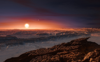 Wizja artystyczna powierzchni planety Proxima b, orbitującej wokół czerwonego karła Proxima Centauri. W tle widoczne pozostałe dwie gwiazdy tego układu wielokrotnego Alfa Centauri AB. (ESO/M. Kornmesser)