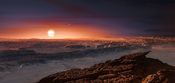 Wizja artystyczna powierzchni planety Proxima b, orbitującej wokół czerwonego karła Proxima Centauri. W tle widoczne pozostałe dwie gwiazdy tego układu wielokrotnego Alfa Centauri AB. (ESO/M. Kornmesser)