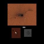 Krater po uderzeniu EDM oraz osłona+spadochron i osłona termiczna lądownika / Credits - NASA/JPL-Caltech/University of Arizona