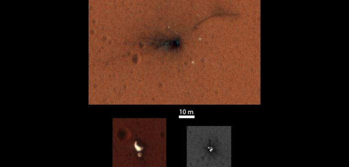 Krater po uderzeniu EDM oraz osłona+spadochron i osłona termiczna lądownika / Credits - NASA/JPL-Caltech/University of Arizona