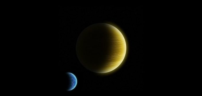 Gazowy gigant i krążący wokół duży księżyc z grubą atmosferą oraz oceanami / Credits - K. Kanawka, Kosmonauta.net