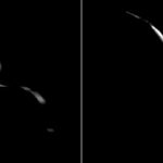Po lewej uśredniony obraz z odległości 8900 km za 2014 MU69, ukazujące niewielką część planetoidy oświetloną przez Słońce. Po prawej przetworzona wersja tego obrazu / Credits - NASA/Johns Hopkins Applied Physics Laboratory/Southwest Research Institute/National Optical Astronomy Observatory