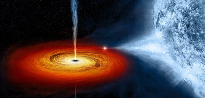 Grafika prezentująca czarną dziurę "wysyającą" materię z pobliskiej gwiazdy / Credits - NASA/CXC/M.Weiss