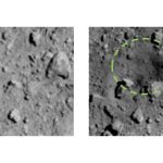 Nowy krater na powierzchni Ryugu (po prawej) oraz porównanie stanu przed impaktem (po lewej)/ Credits - JAXA