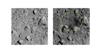 Nowy krater na powierzchni Ryugu (po prawej) oraz porównanie stanu przed impaktem (po lewej)/ Credits - JAXA