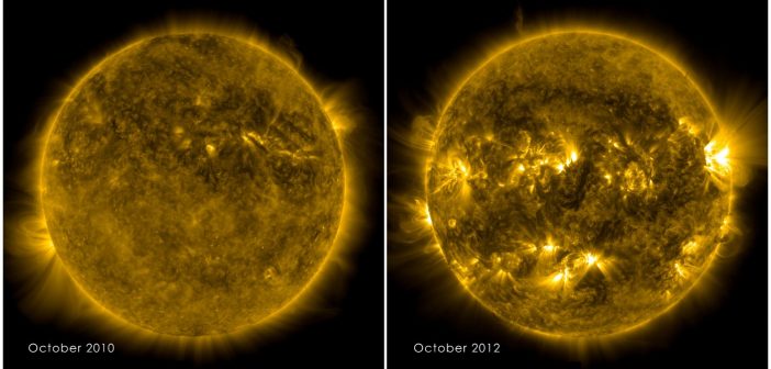 Porównanie aktywności słonecznej na początku cyklu oraz podczas pierwszego maksimum w 24 cyklu / Credits - NASA, SDO